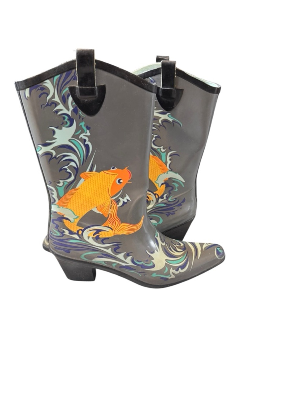 Dav Women’s Rain Boots Koy Fish Gray Cowboy Size 10 Heals Kitsch Eclectic Fairy